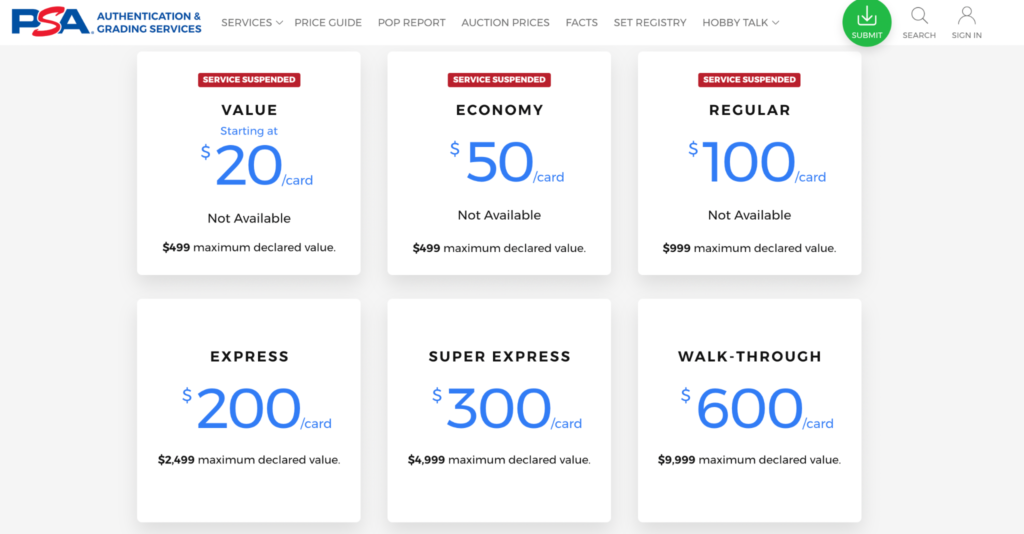 PSA Card Authentication & Grading Pricing